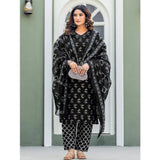Black cotton blend printed kurti with pant dupatta set, v-neck, 3/4th sleeves, below knee length