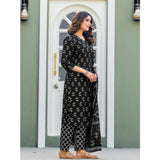 Black cotton blend printed kurti with pant dupatta set, V-neck, 3/4th sleeve, below knee length