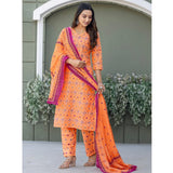 Coral cotton blend printed kurti with pant dupatta set, featuring V-neck & 3/4th sleeves, ideal for traditional Indian wear below the knee