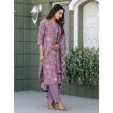 Lavender cotton blend printed kurti & pant dupatta set with V-neck & 3/4th sleeves, below knee length