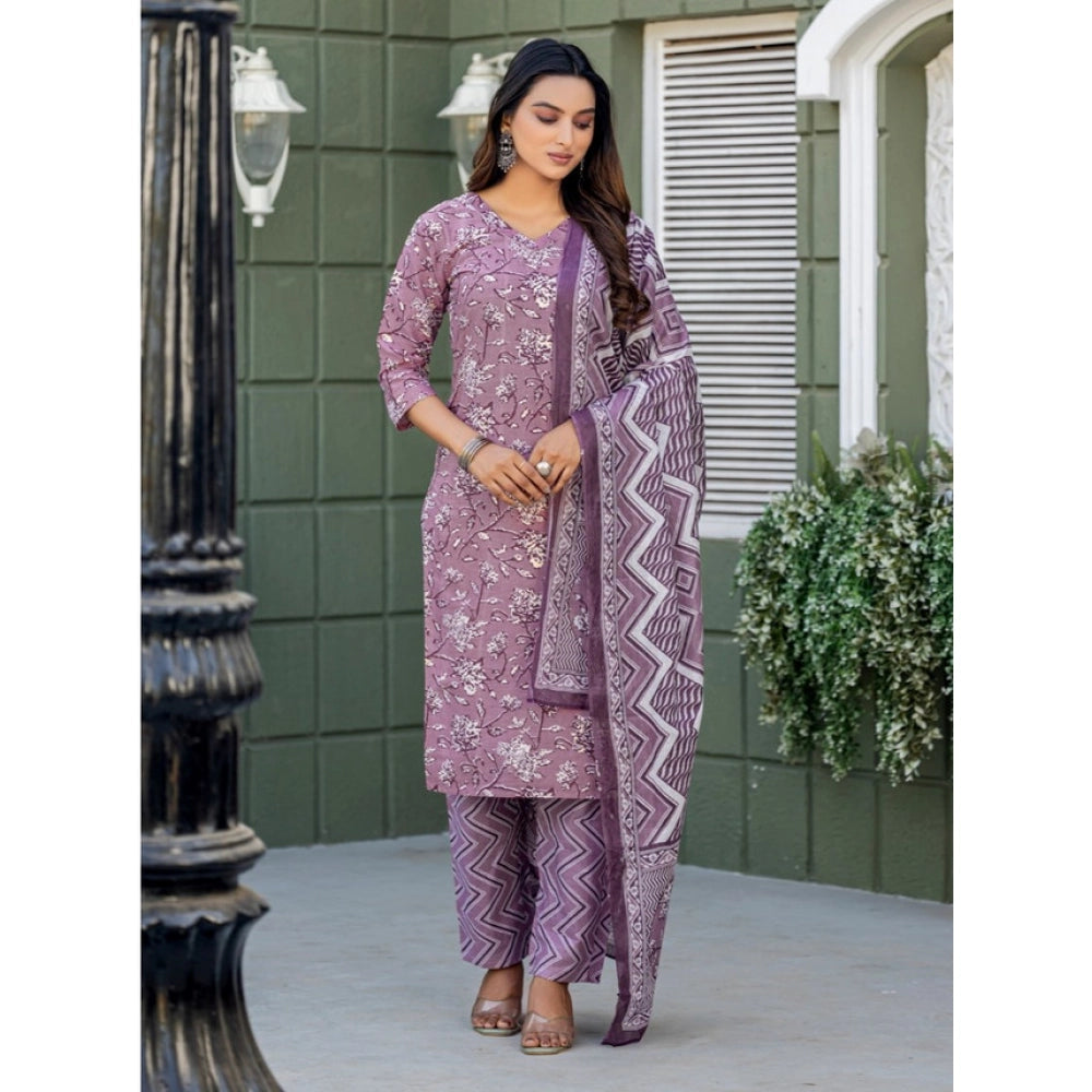 Lavender cotton blend printed kurti & pant set with dupatta, V-neck, 3/4th sleeves, below knee length