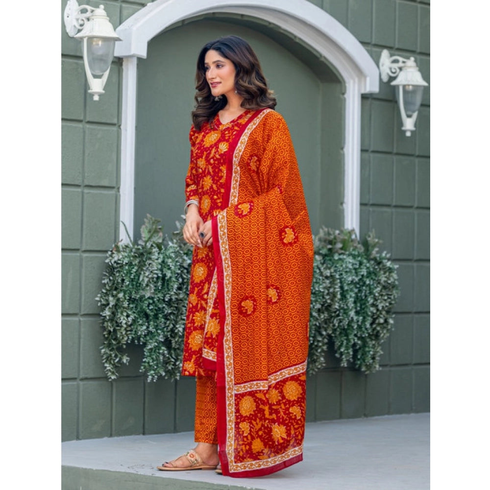 Maroon cotton blend printed kurti set with pant dupatta, V-neck, 3/4th sleeves, below knee length for women's fashion