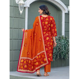 Maroon cotton blend printed kurti with pant dupatta set, V-neck and 3/4th sleeve, below knee length on model