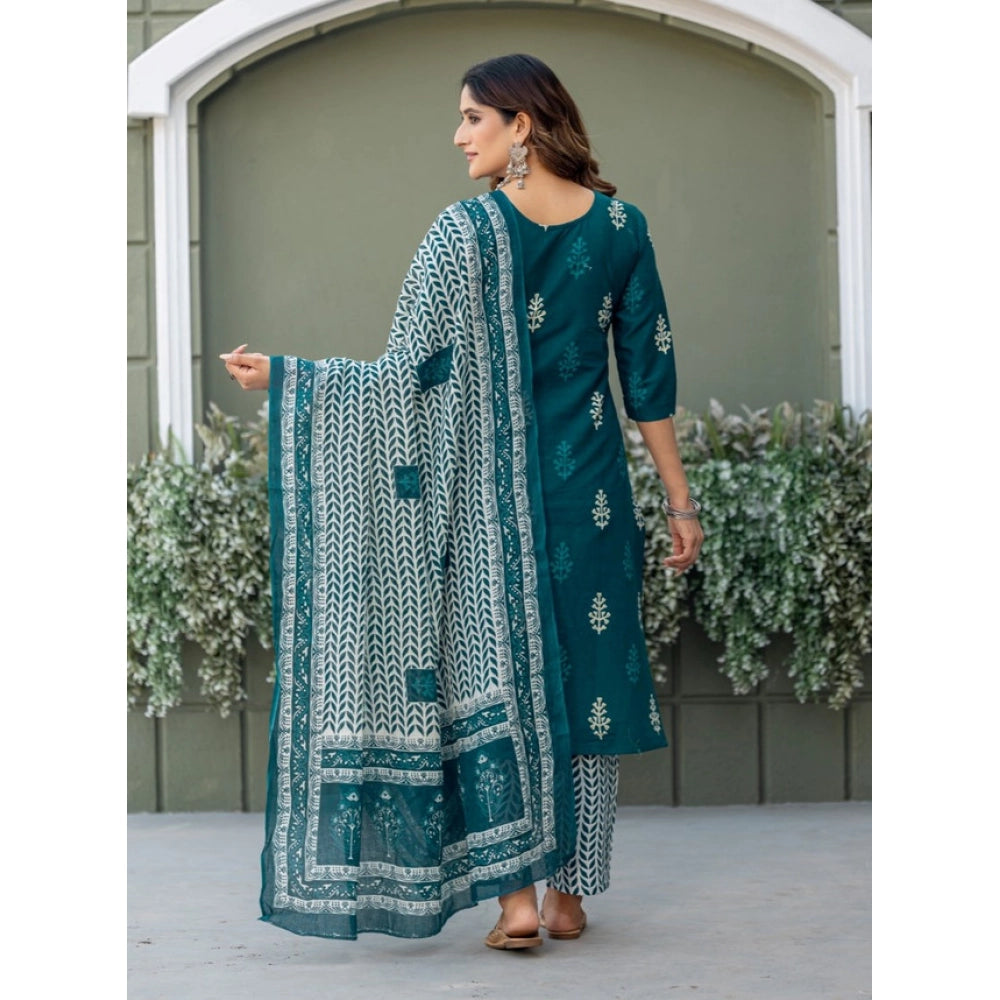 Morpichh cotton blend printed kurti with pant dupatta set - V-neck, 3/4th sleeves, below knee length on model