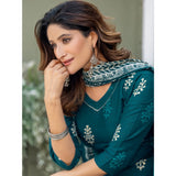 Morpichh cotton blend printed kurti with pant dupatta set below knee, V-neck with 3/4th sleeves