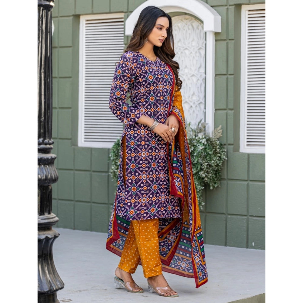 Navy Blue cotton blend printed kurti with pant dupatta set - v-neck, 3/4th sleeves, below knee length on mannequin