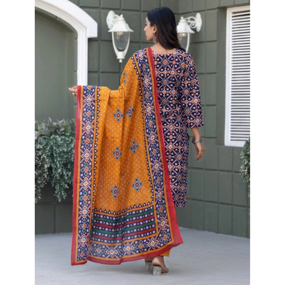 Navy Blue cotton blend printed kurti with pant dupatta set, V-neck with 3/4th sleeves, below knee length