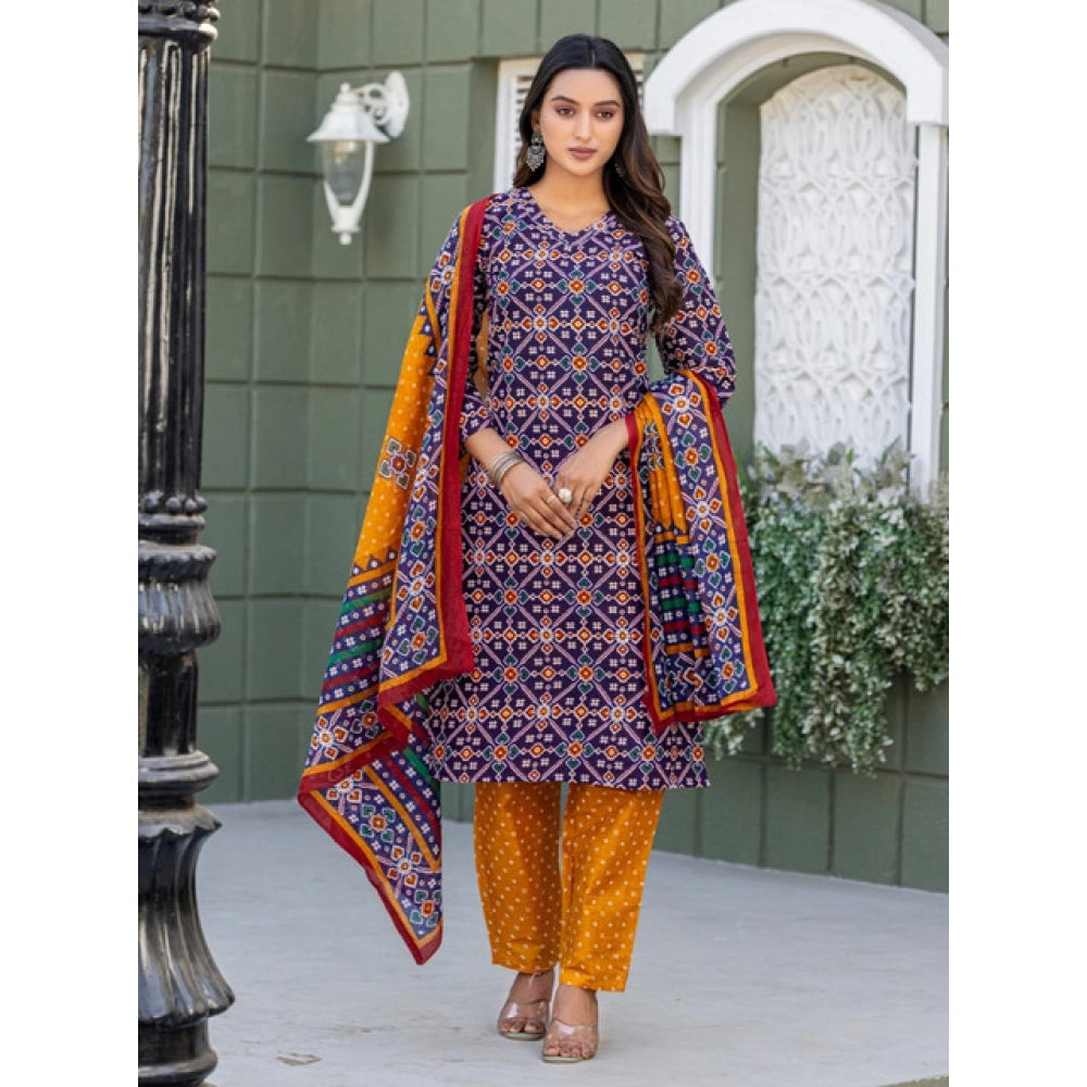 Navy Blue cotton blend printed kurti with pant dupatta set, featuring a V-neck and 3/4th sleeves, ideal for traditional Indian wear below the knee