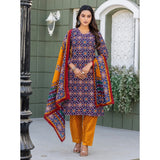 Navy Blue cotton blend printed kurti with pant dupatta set, featuring a V-neck and 3/4th sleeves, ideal for traditional Indian wear below the knee