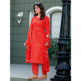 Orange cotton blend printed kurti with pant dupatta set, below knee length V-neck 3/4th sleeve