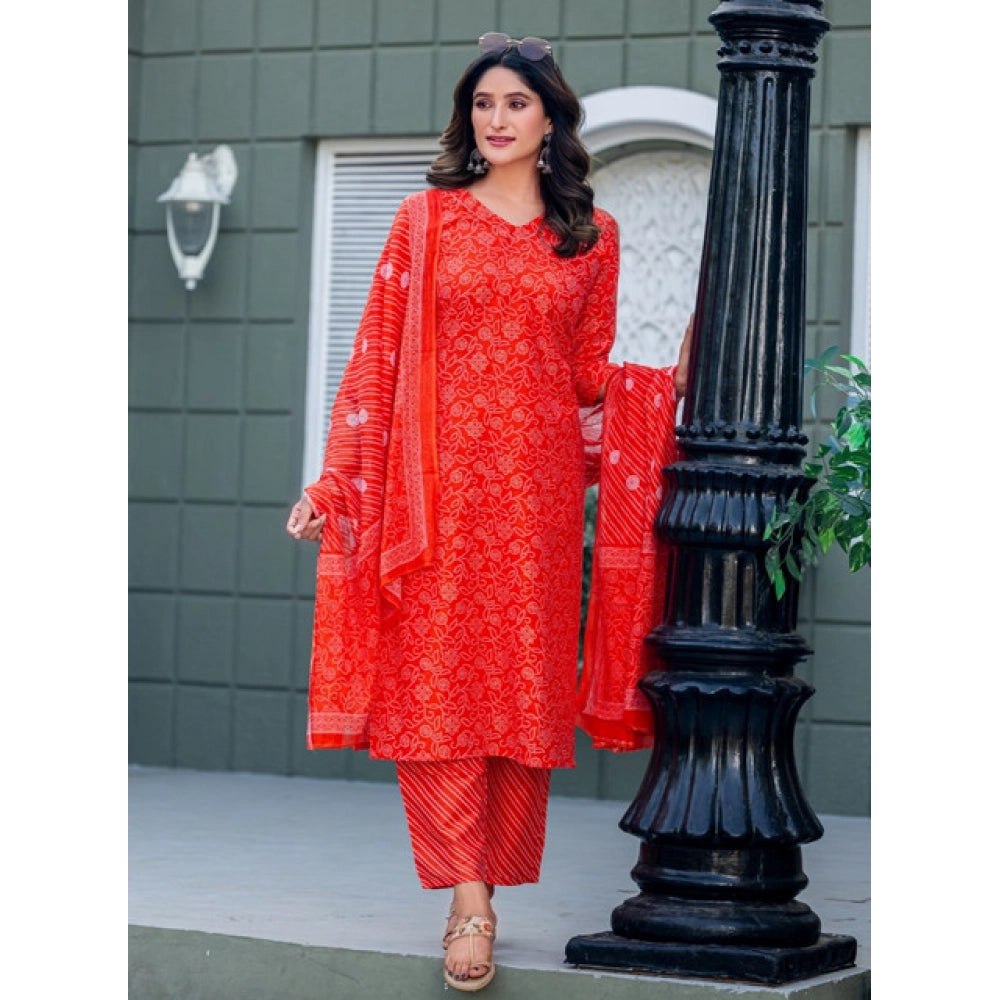 Orange cotton blend printed kurti with pant dupatta set, V-neck and 3/4th sleeves, below knee length