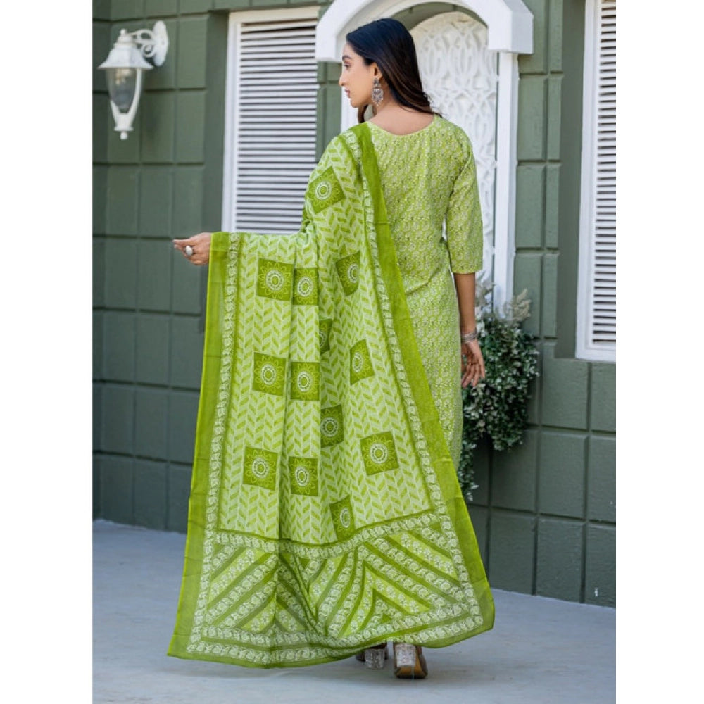 Women's cotton blend parrot print kurti with pant dupatta set - vibrant, below-knee V-neck 3/4th sleeve Indian fashion attire