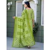 Women's cotton blend parrot print kurti with pant dupatta set - vibrant, below-knee V-neck 3/4th sleeve Indian fashion attire