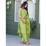 Women's cotton blend printed parrot kurti & pant dupatta set, V-neck, 3/4th sleeves, below knee length