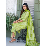 Women's parrot printed cotton blend kurti with pant dupatta set below knee, v-neck with 3/4th sleeves