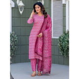Pink cotton blend printed kurti with pant dupatta set, V-neck, 3/4th sleeves, below knee length