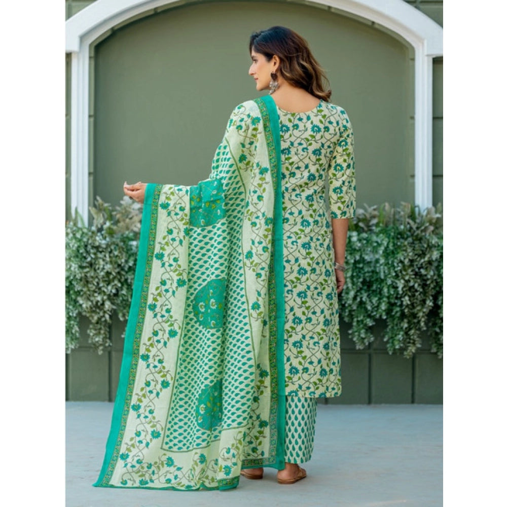 Pista cotton blend printed kurti with pant dupatta set, V-neck, 3/4th sleeve, below knee length - vibrant Indian ethnic wear
