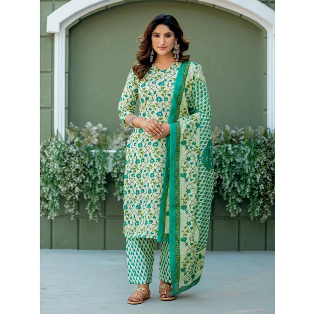 Cotton blend printed pista kurti set with pant dupatta, women's below-knee V-neck 3/4th sleeve outfit for festive wear