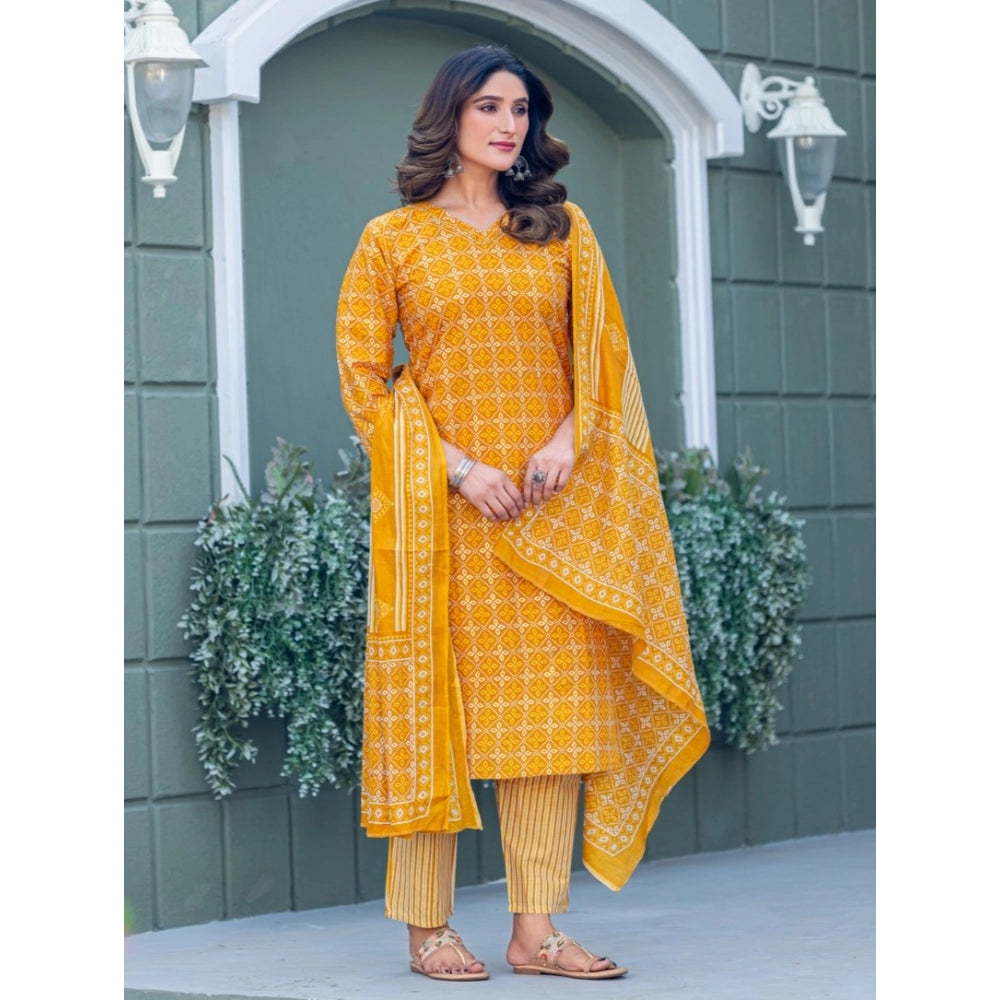 Yellow cotton blend printed kurti with pant dupatta set, featuring a V-neck and 3/4th sleeves, below knee length