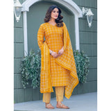 Yellow cotton blend printed kurti with pant dupatta set, featuring a V-neck and 3/4th sleeves, below knee length