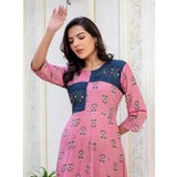 Wine rayon print kurti with embroidery work, knee-length A-line dress with 3/4th sleeves