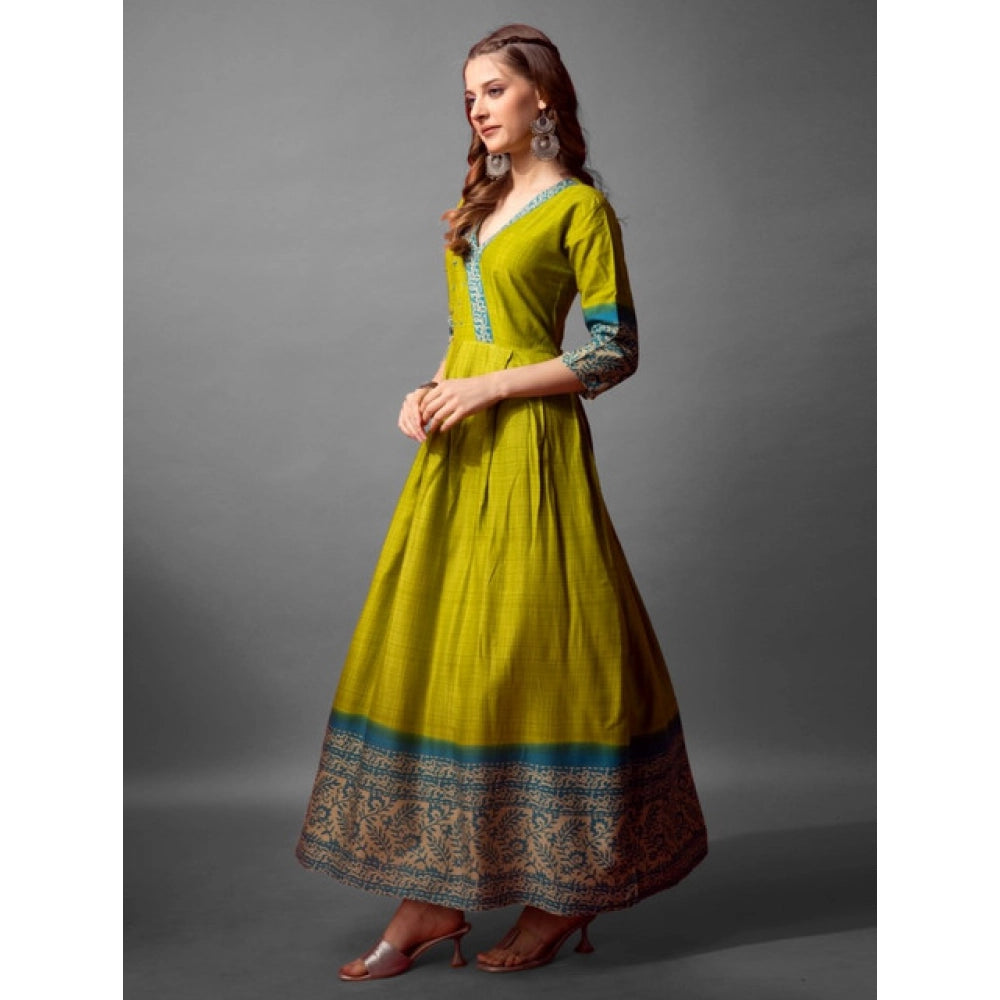 Green cotton blend printed Anarkali gown with V-neck and 3/4th sleeves