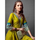 Green cotton blend printed Anarkali gown with v-neck and 3/4th sleeves, full length style for women's fashion