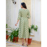 Green rayon A-line kurti with embroidery work and print, 3/4th sleeve, knee length