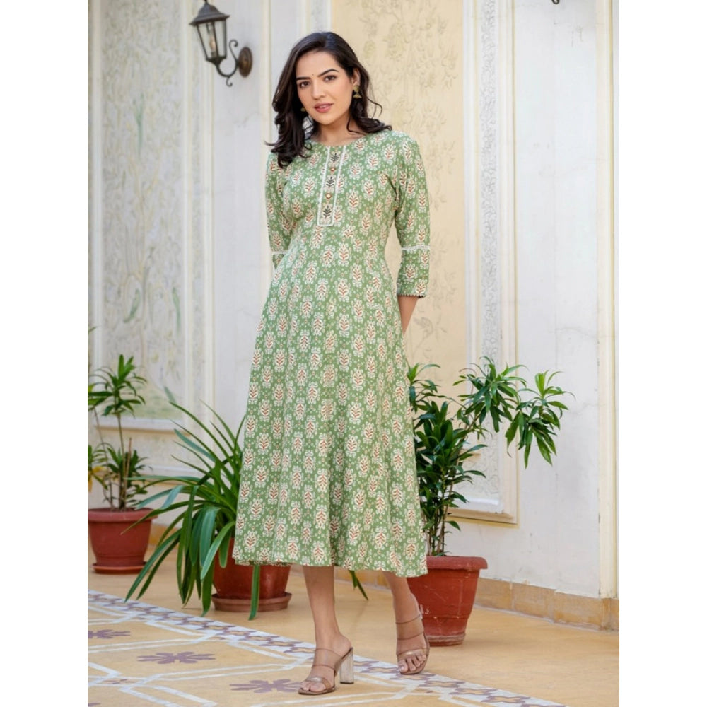 Green rayon A-line kurti with print and embroidery work, knee-length, round neck, 3/4th sleeves