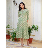 Green rayon A-line kurti with print and embroidery work, knee-length, round neck, 3/4th sleeves