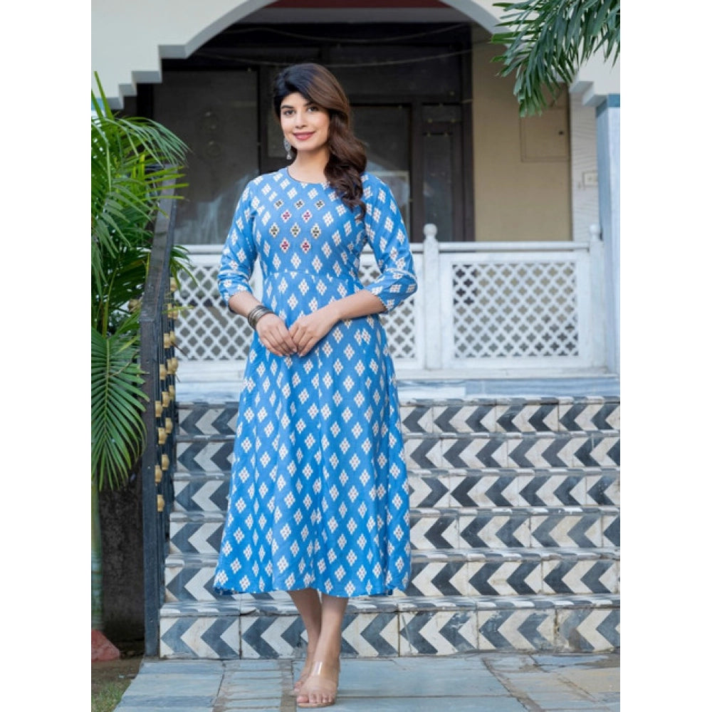 Sky blue rayon A-line kurti with embroidery work, knee length, 3/4th sleeves