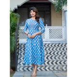 Sky Blue rayon A-line kurti with embroidery work, print pattern and 3/4th sleeves on display