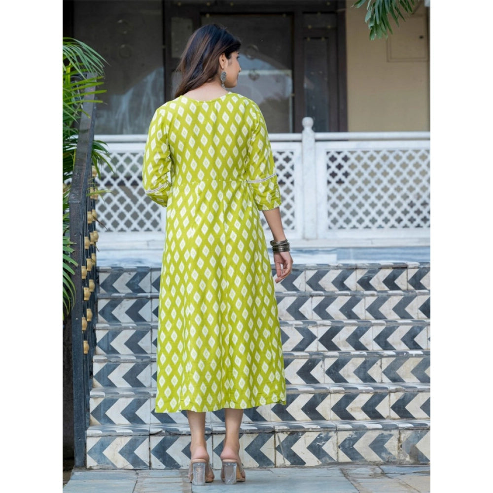 Parrot rayon print A-line kurti with embroidery work, knee-length, 3/4th sleeves for women