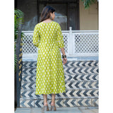 Parrot rayon print A-line kurti with embroidery work, knee-length, 3/4th sleeves for women