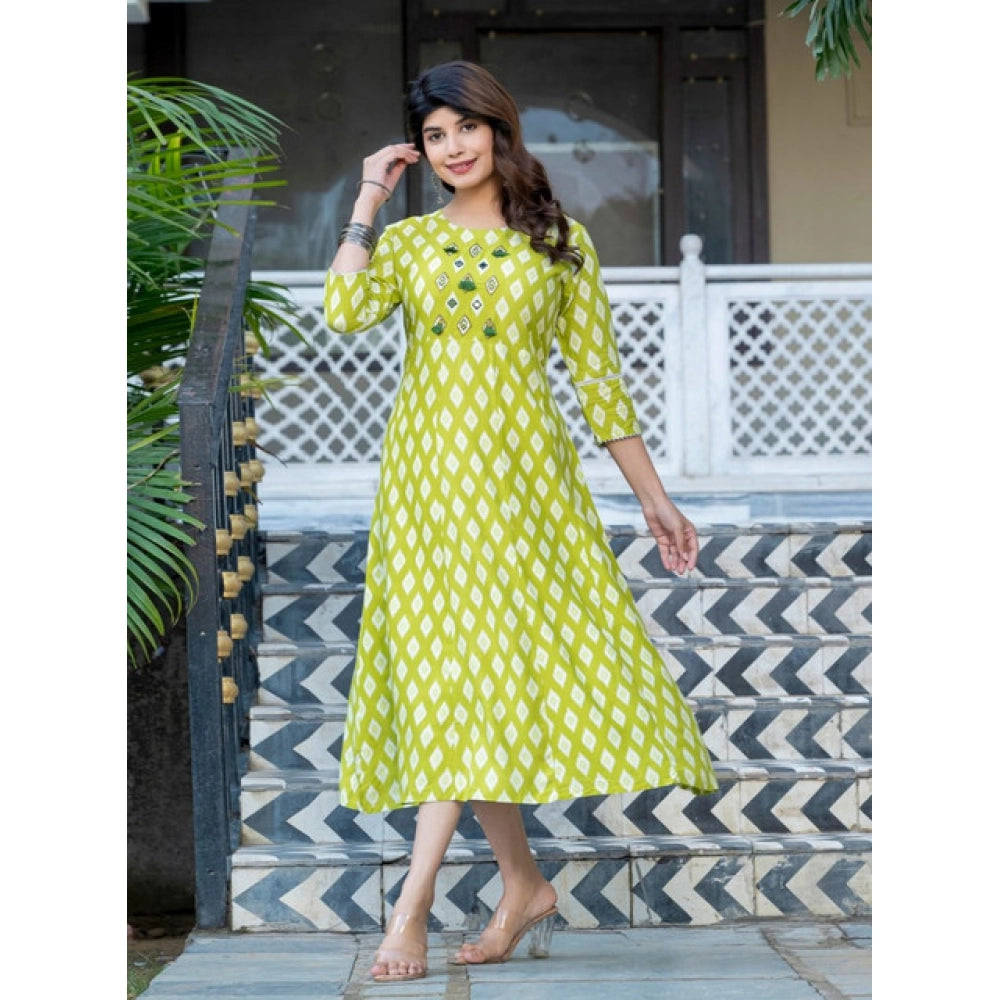 Parrot rayon print A-line kurti with embroidery work, knee length, round neck, 3/4th sleeves for women