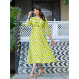 Parrot rayon print A-line kurti with embroidery work, knee length, round neck, 3/4th sleeves for women