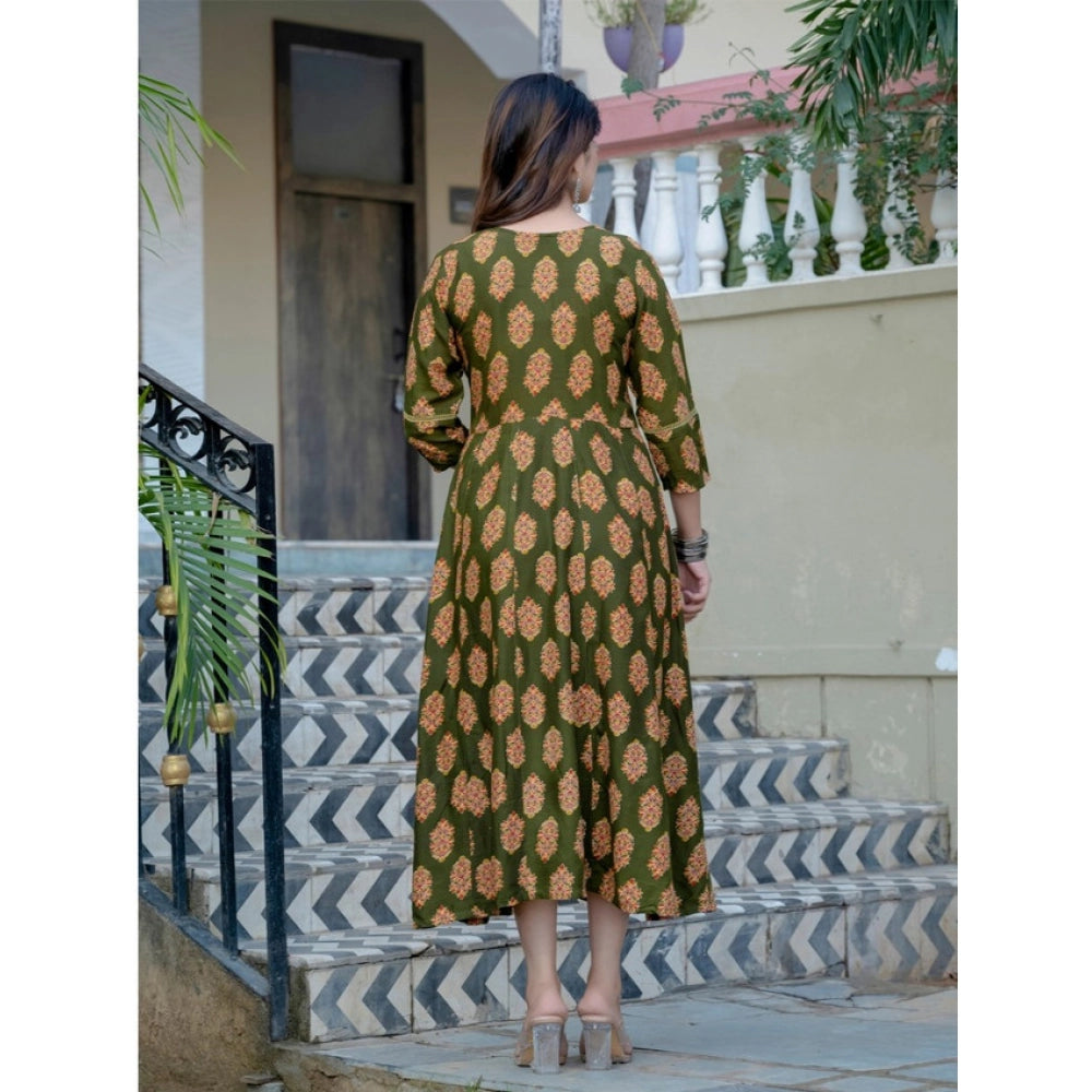 Dark green rayon A-line kurti with embroidery work, vibrant print design on model
