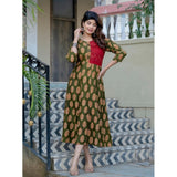 Dark green rayon A-line kurti with embroidery work, intricate print design for women's fashion