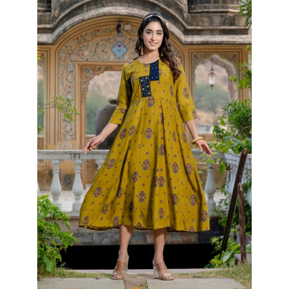 Mehendi rayon print A-line kurti with embroidery work, knee length, 3/4th sleeves