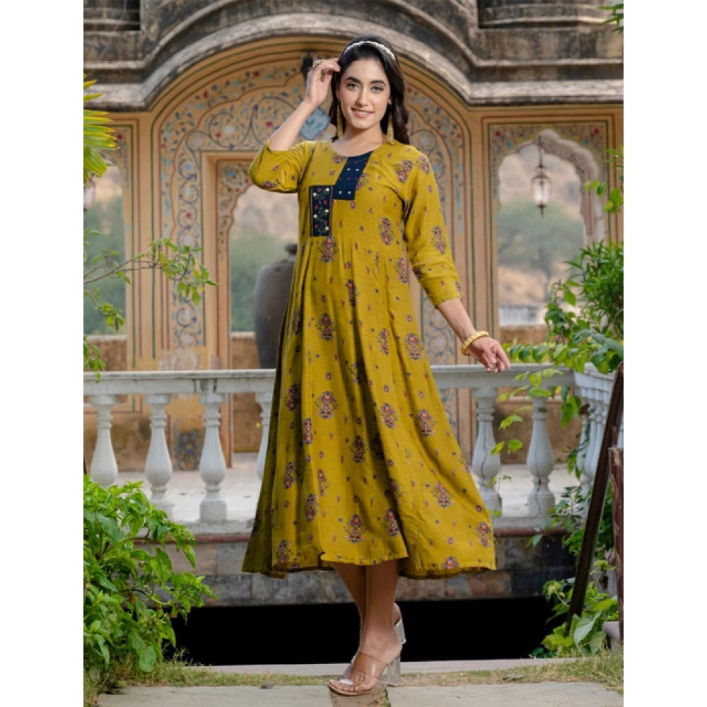 Mehendi rayon A-line kurti with embroidery work, vibrant print for women's fashionable knee-length attire