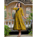 Mehendi rayon print kurti with embroidery work, knee-length A-line style for women