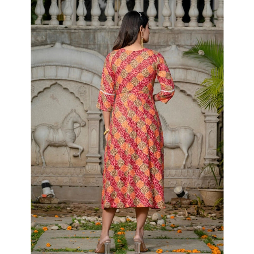Multicolor rayon A-line kurti with embroidery work, vibrant print on women's knee-length, 3/4th sleeve top