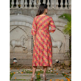 Multicolor rayon A-line kurti with embroidery work, vibrant print on women's knee-length, 3/4th sleeve top