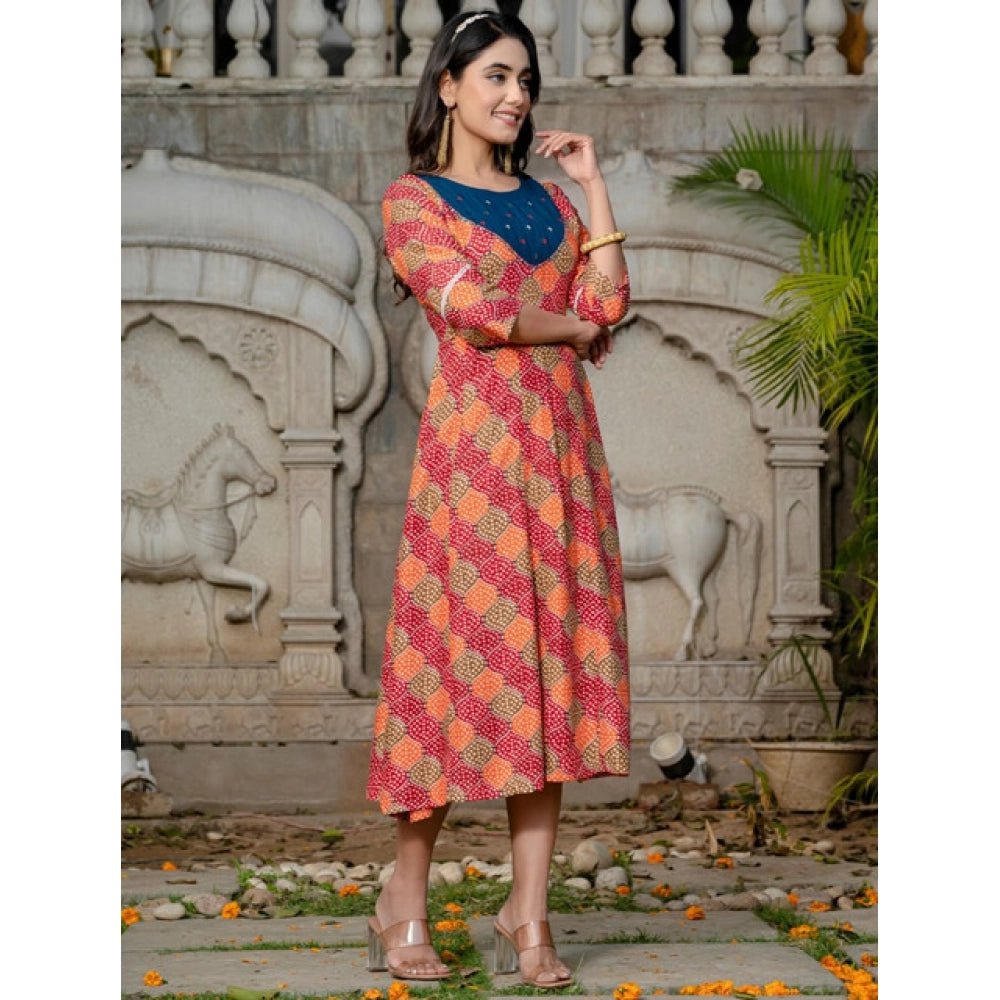 Multicolor rayon A-line kurti with embroidery work, vibrant print on display
