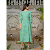 Rayon Rama A-line kurti with embroidery work, vibrant print on knee-length, 3/4th sleeve round neck