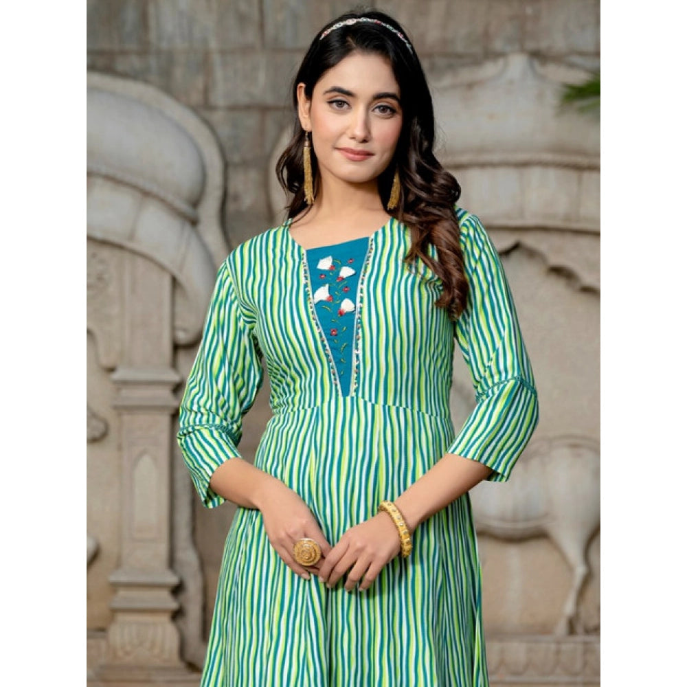 Rayon print with embroidery work knee-length A-line kurti in Rama color