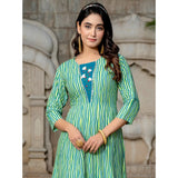 Rayon print with embroidery work knee-length A-line kurti in Rama color