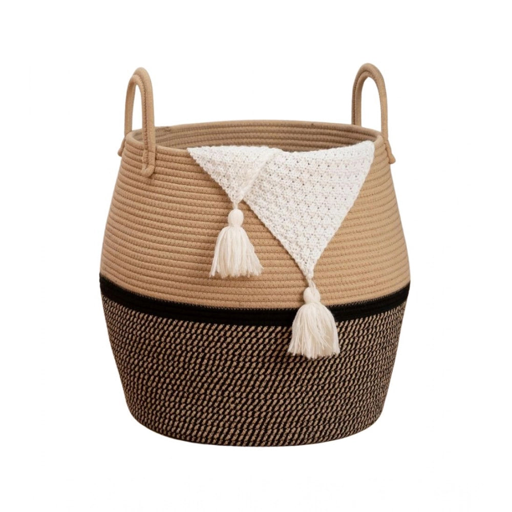 Beige black cotton Matka storage basket (14x12 inches), versatile for bathroom, living room, kitchen organization, or as a kids toy basket
