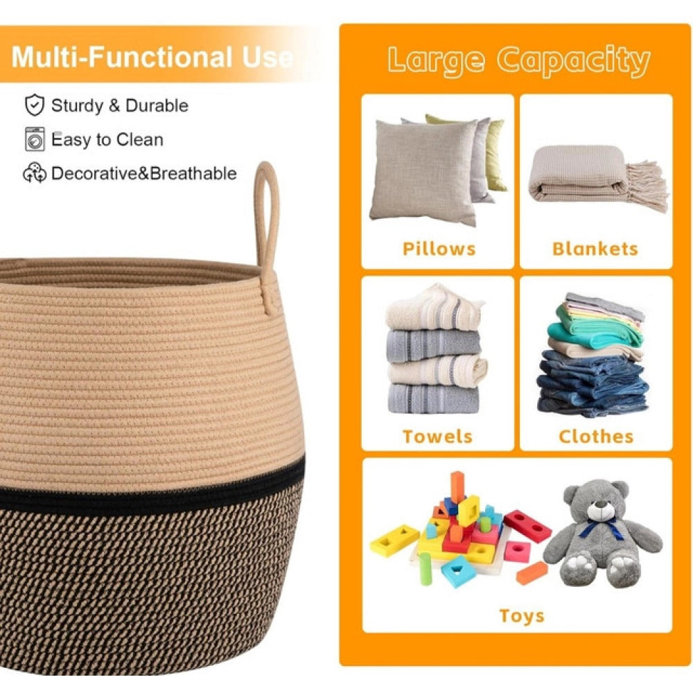 Beige Black cotton Matka basket (14x12 inches), versatile organizer for living room, kitchen & kids toys storage