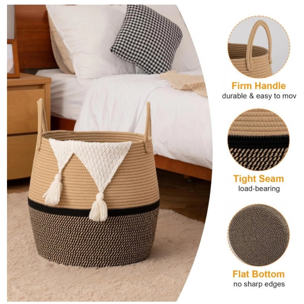 Beige black cotton Matka storage basket (14x12 inches), versatile organizer for bathroom, living room & kitchen, kids toys or clothes